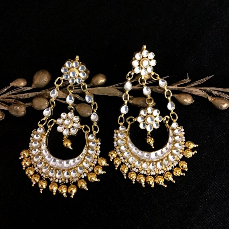 White Kundan Long Chandbali Earring 13532-0603 - Dazzles Jewellery