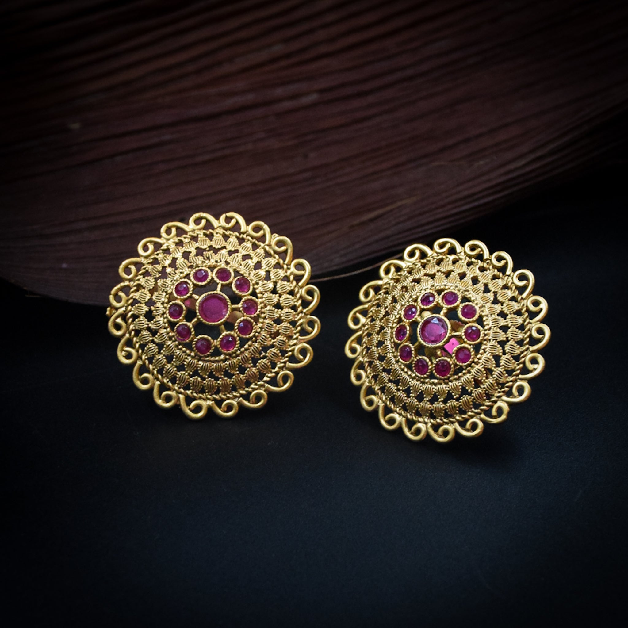 Ruby Antique Gold Studs 17384-4532 - Dazzles Jewellery