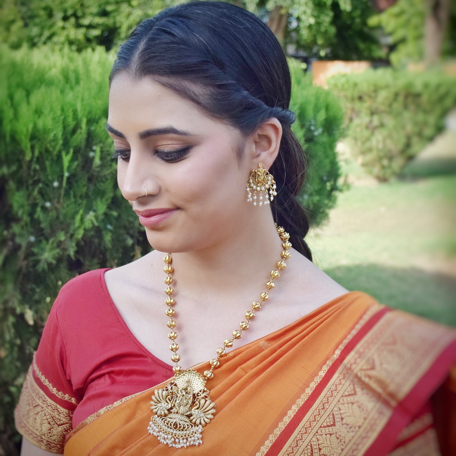 Long Neck Temple Necklace Set 6384-28 - Dazzles Jewellery