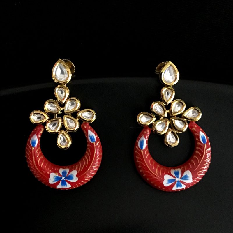 Red Kundan Earring 13703-0894 - Dazzles Jewellery