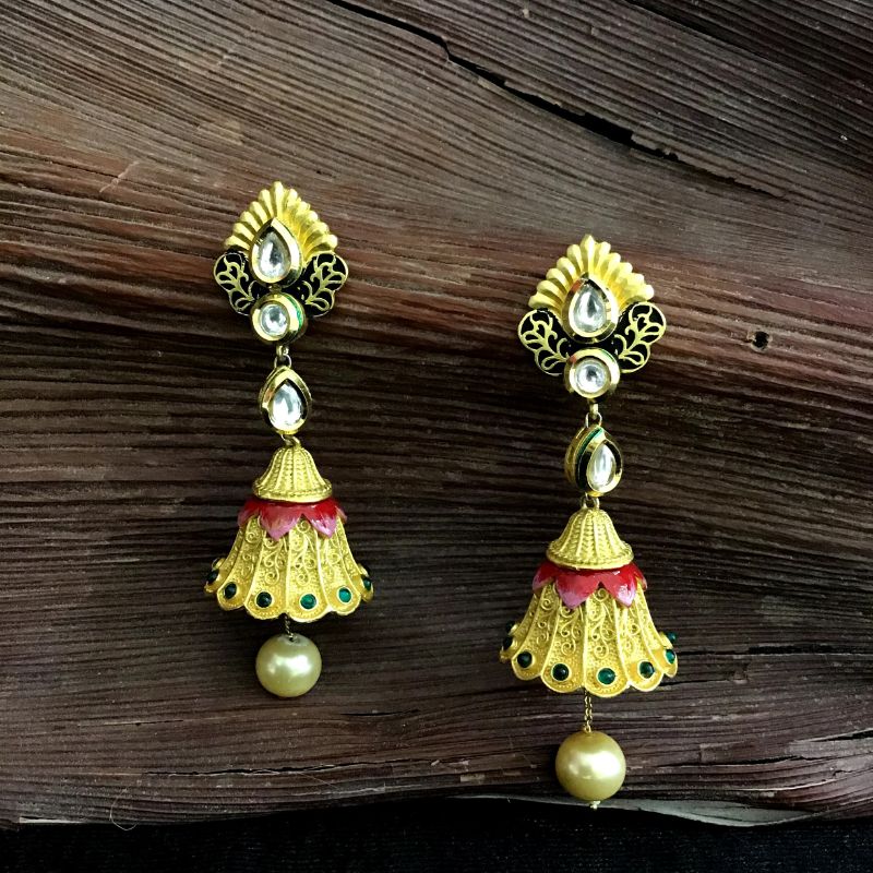 Gold Plated Kundan Jhumki Earring 13544-0615 - Dazzles Jewellery