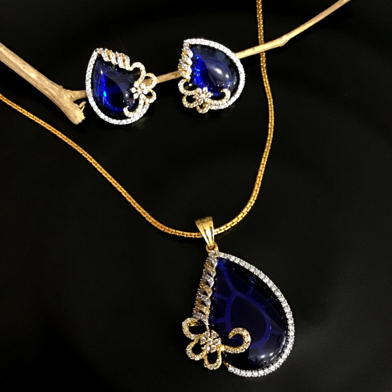 Blue Zircon/AD Pendant Set 13621-0692 - Dazzles Jewellery