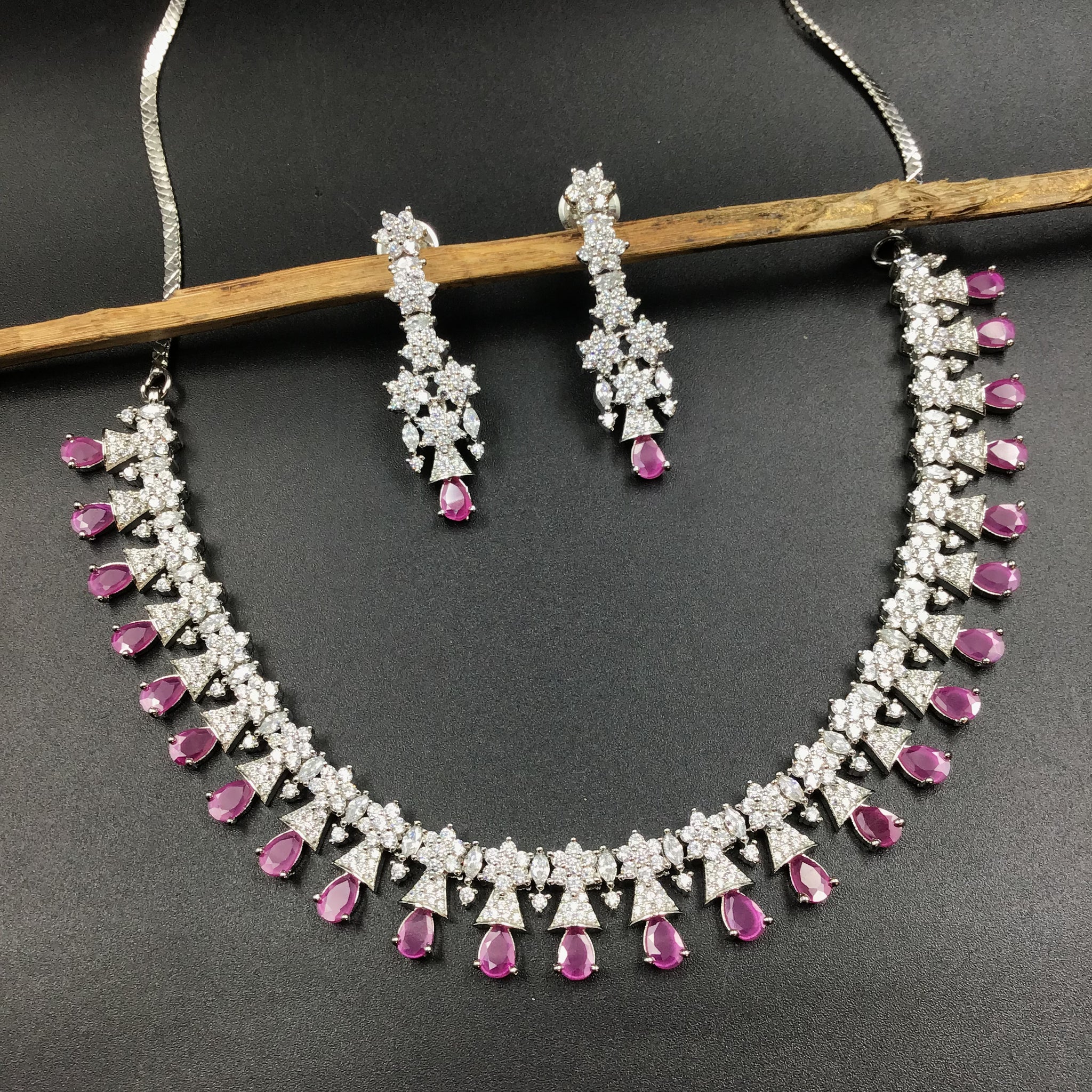 Ruby Zircon/AD Necklace Set 18499-5681 - Dazzles Jewellery
