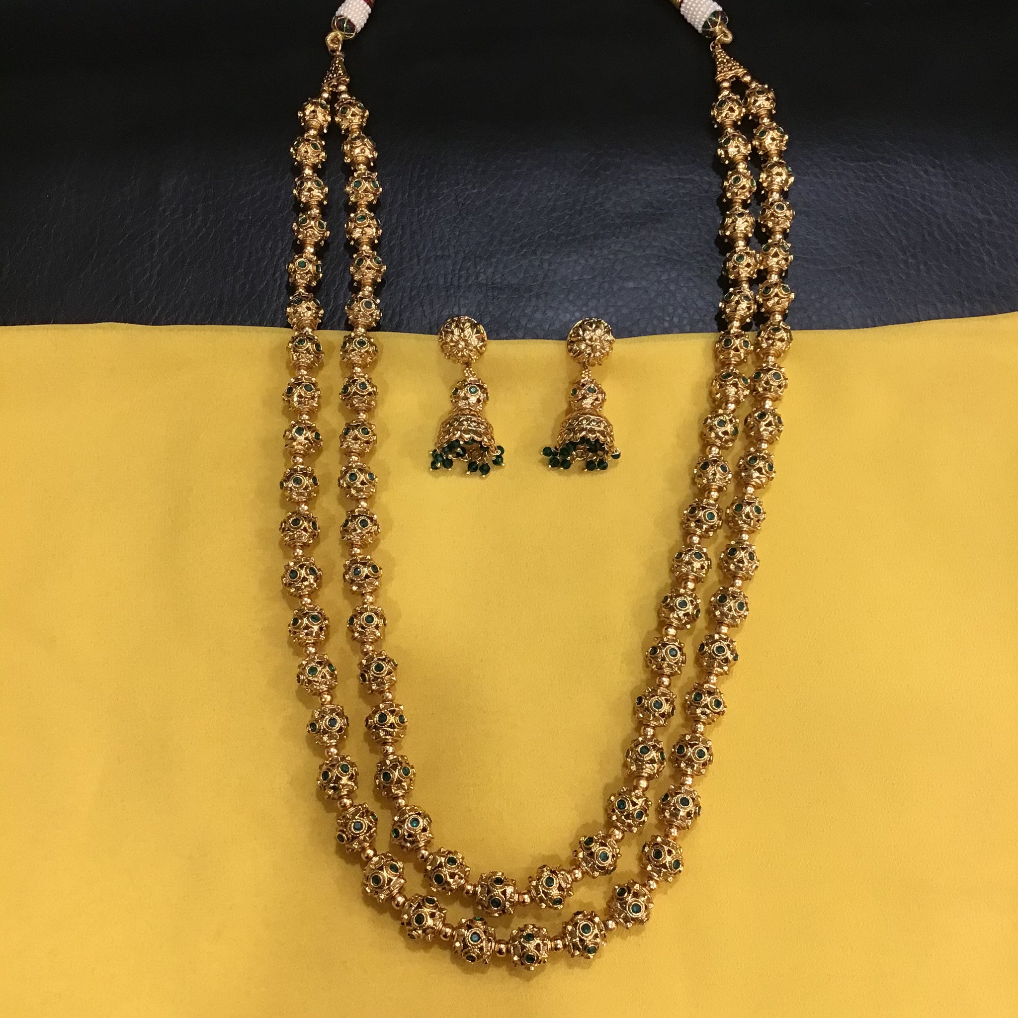 2 Line Green Pearl Gold Beads Mala 18799 - Dazzles Jewellery