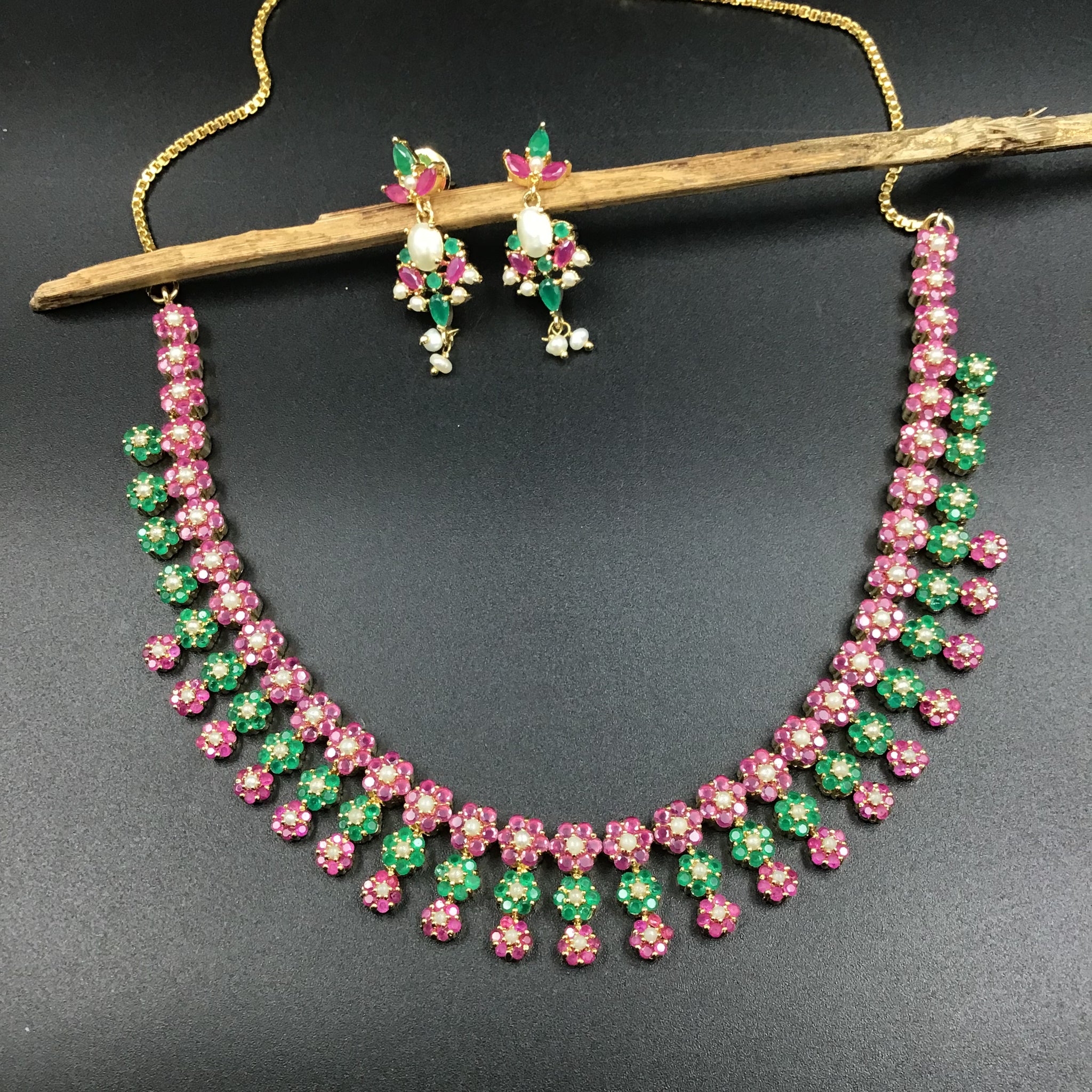 Ruby Green Jadau Necklace Set - Dazzles Jewellery