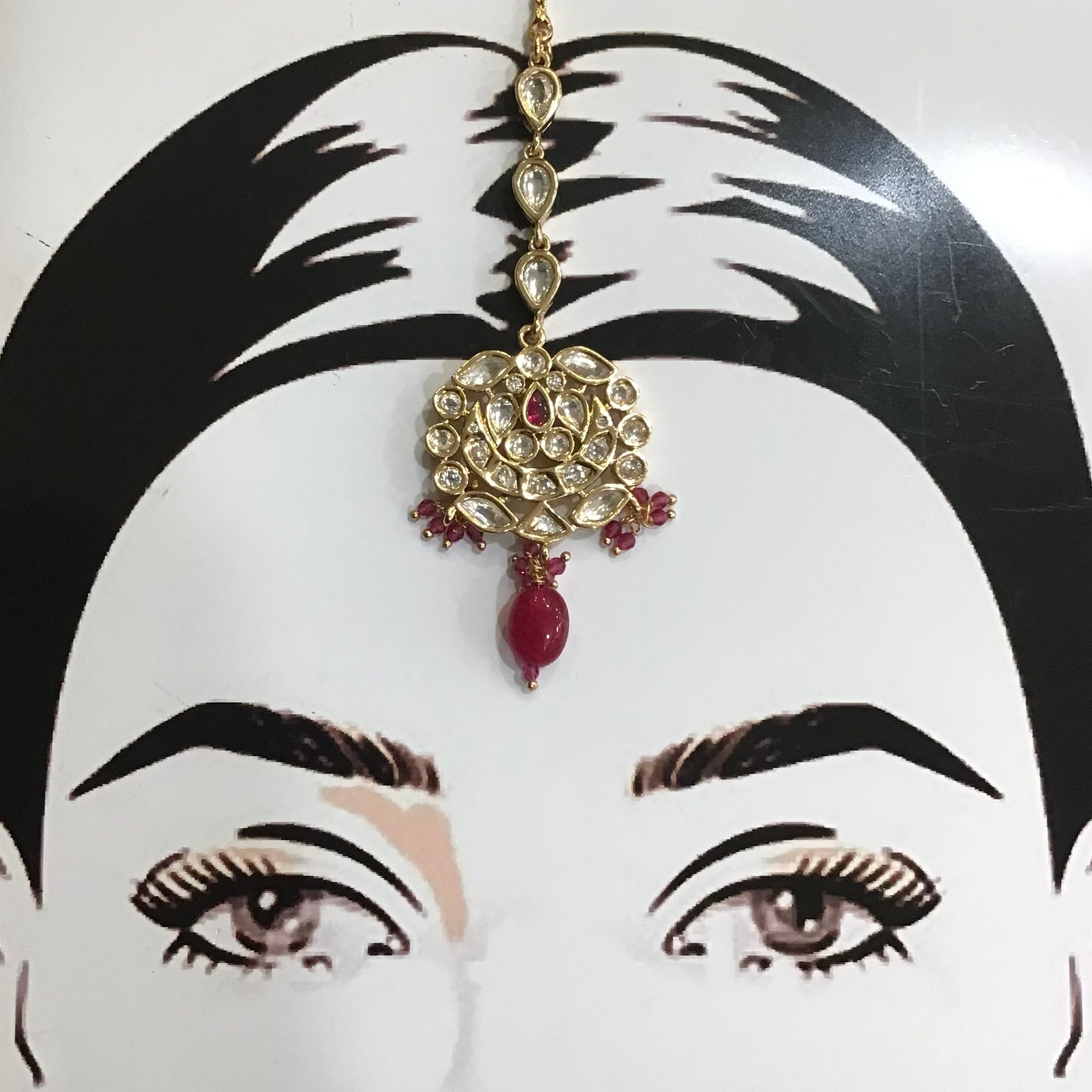 High Quality Kudan Ruby Maang Tikka 13993-1084 - Dazzles Jewellery