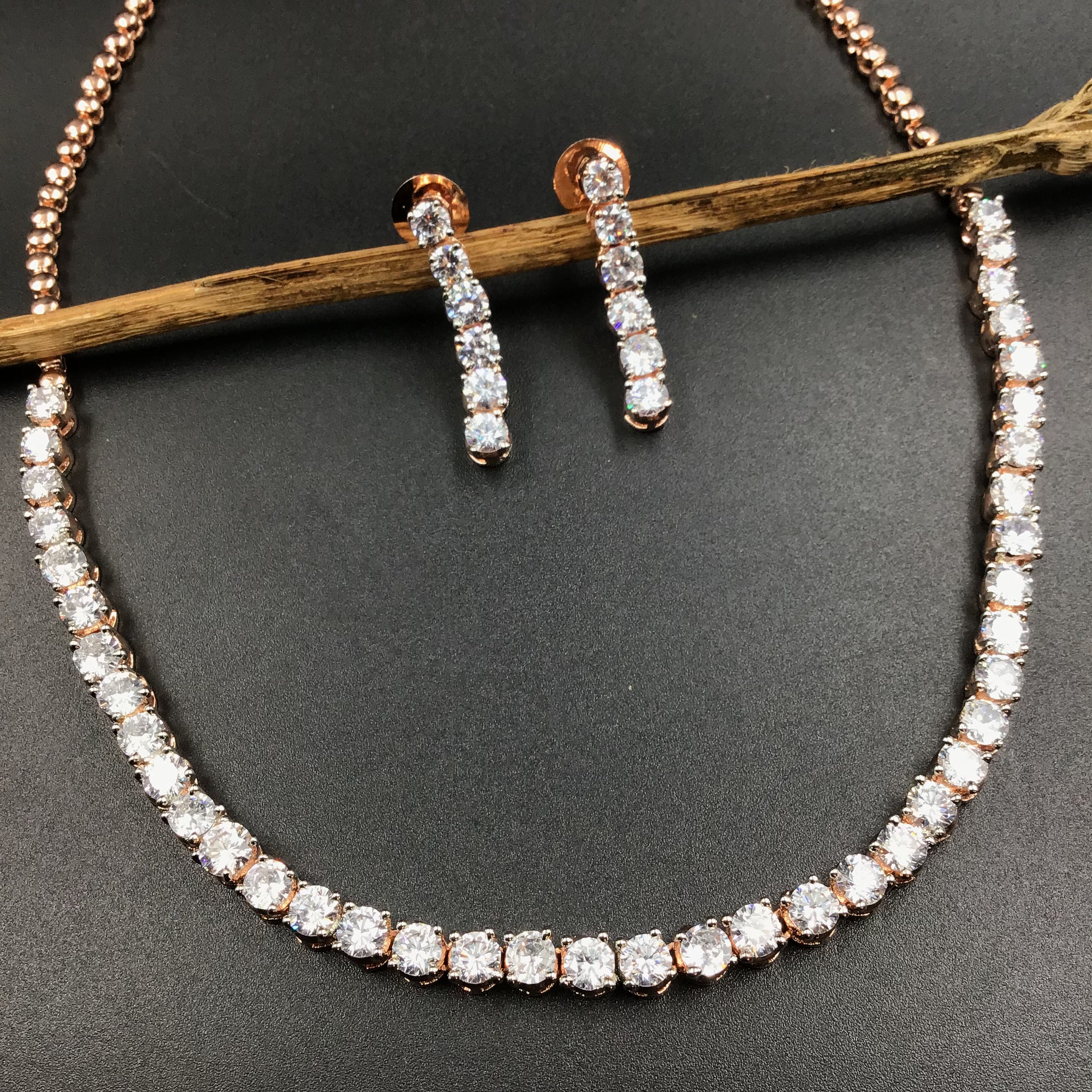 Rose Gold Zircon/AD Necklace Set - Dazzles Jewellery