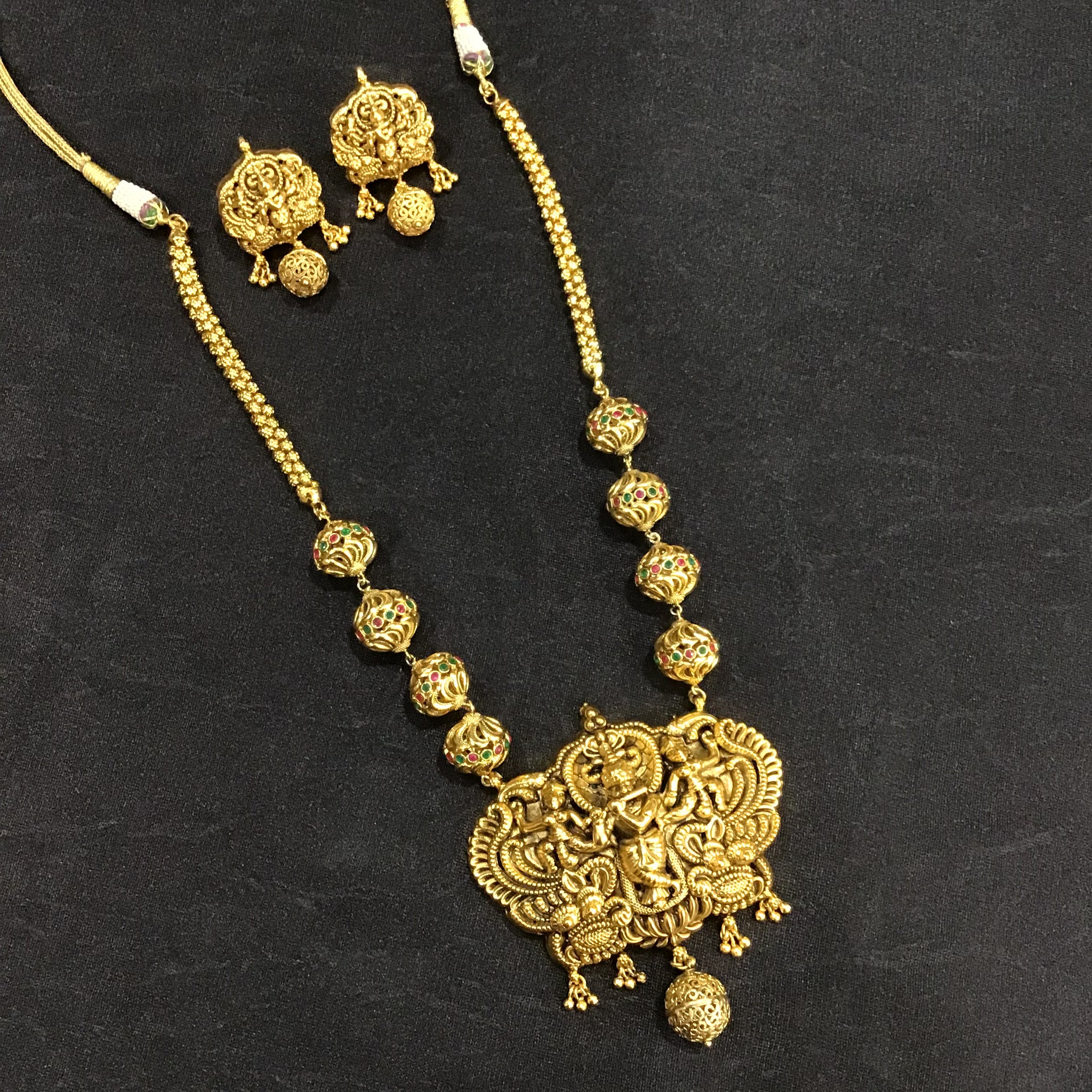 Ruby Green Gold Look Temple Pendant Set 12616-9122 - Dazzles Jewellery