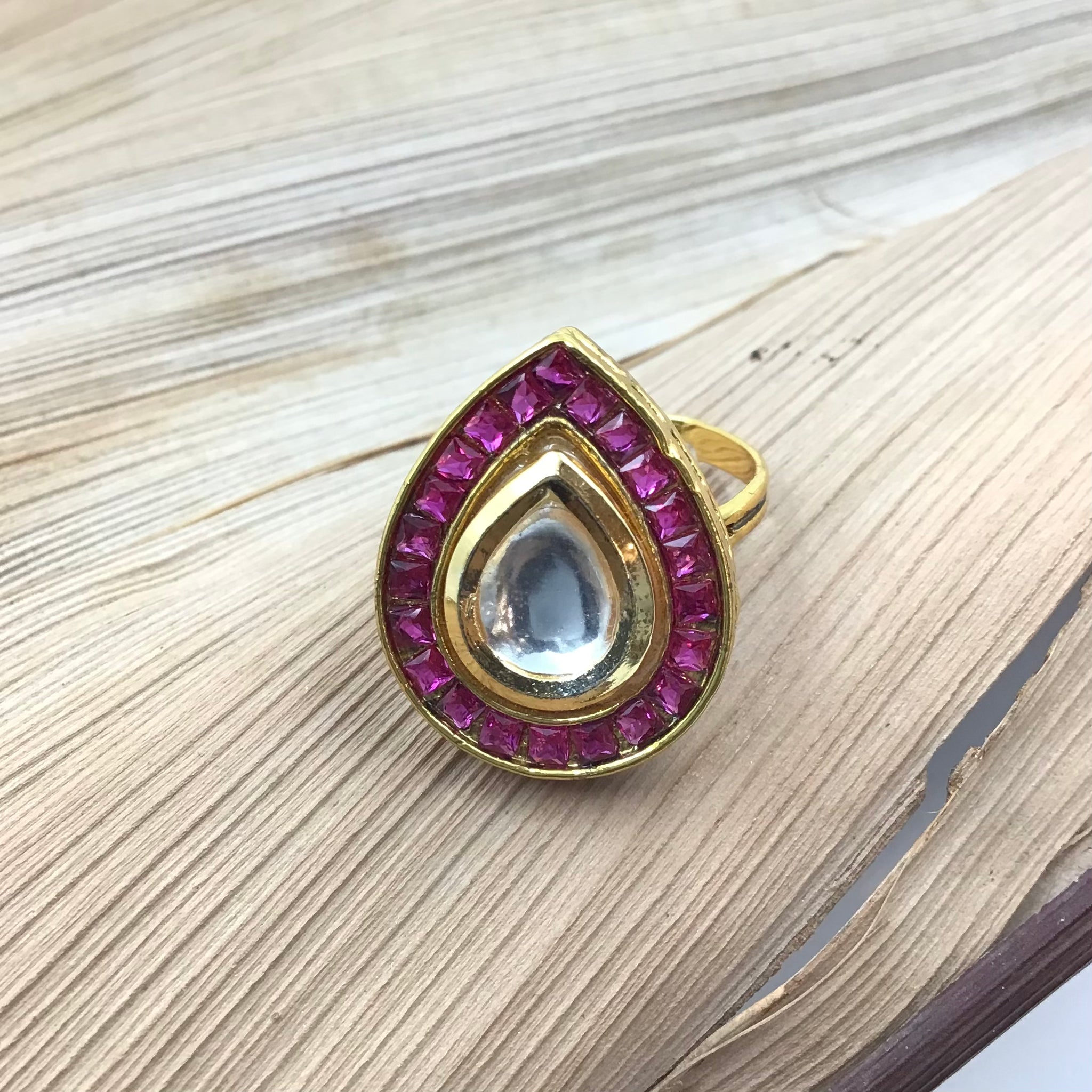 Ruby Color Kundan Paan Shape Cocktail Ring 7236-0451 - Dazzles Jewellery