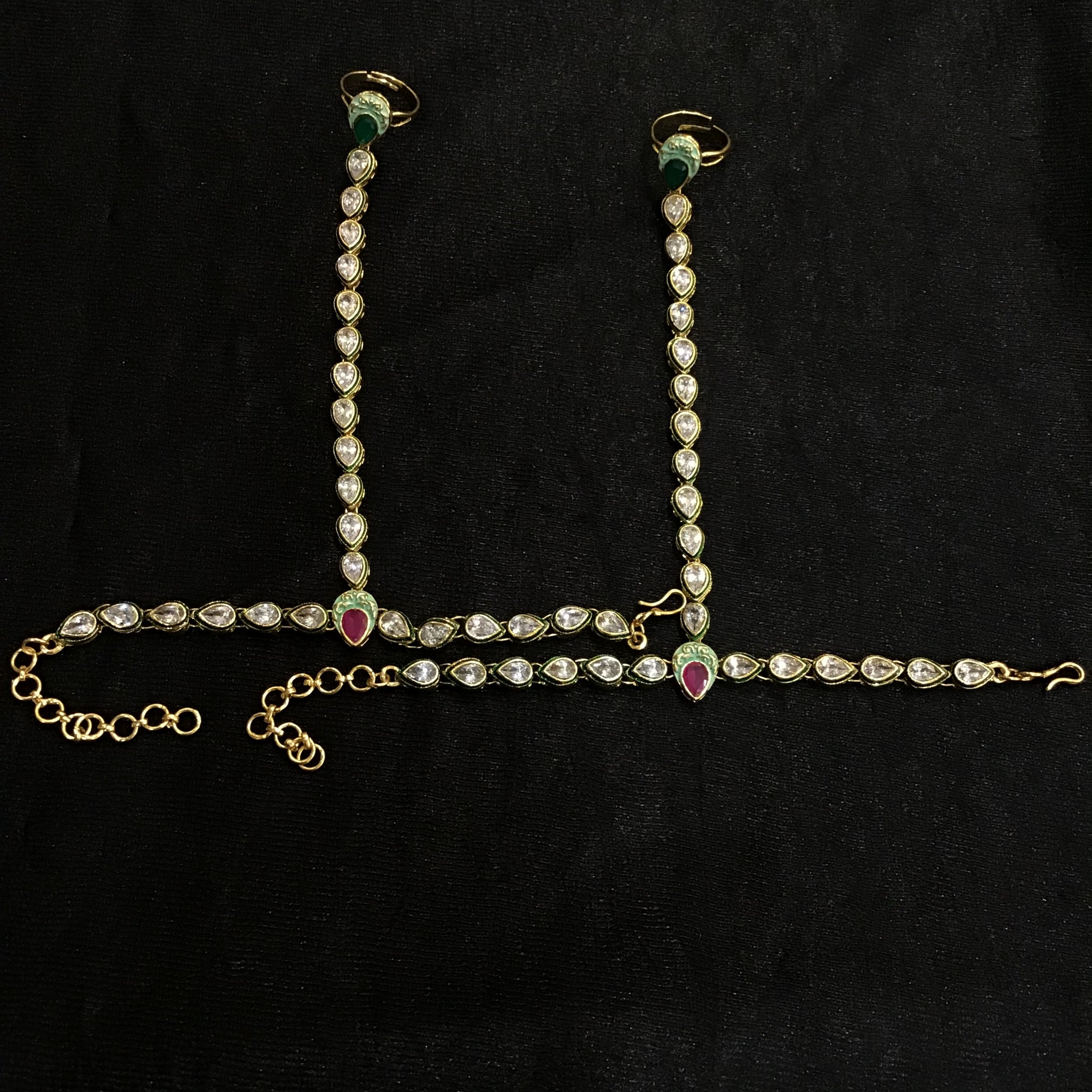 Polki Hathphool with Mint Green Meenakari 1041-2 - Dazzles Jewellery