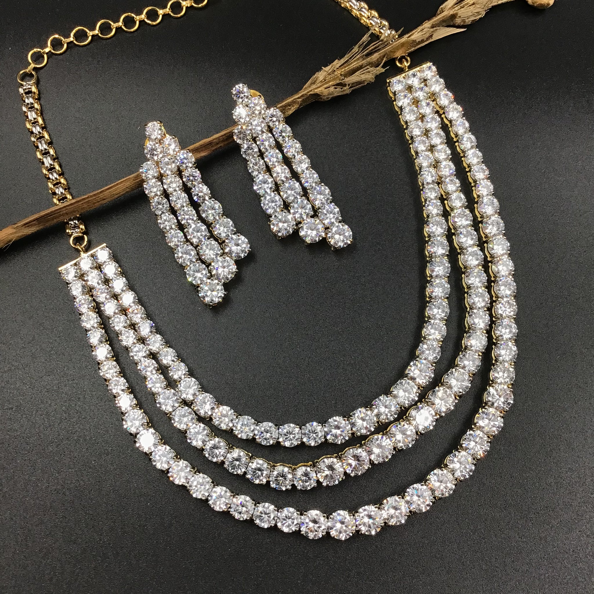 Three Line Round Neck Zircon/AD Necklace 3166-08 - Dazzles Jewellery