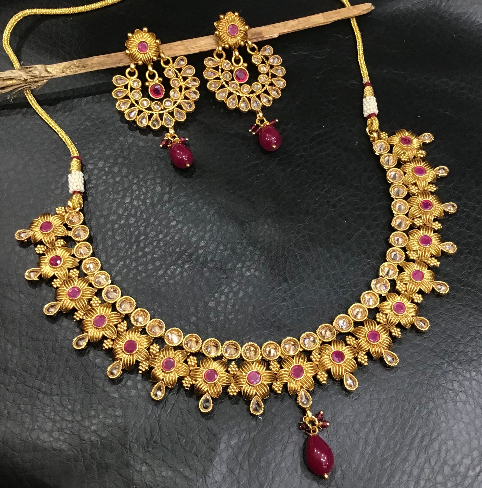 Ruby Gold Look Necklace Set 19687-6871 - Dazzles Jewellery