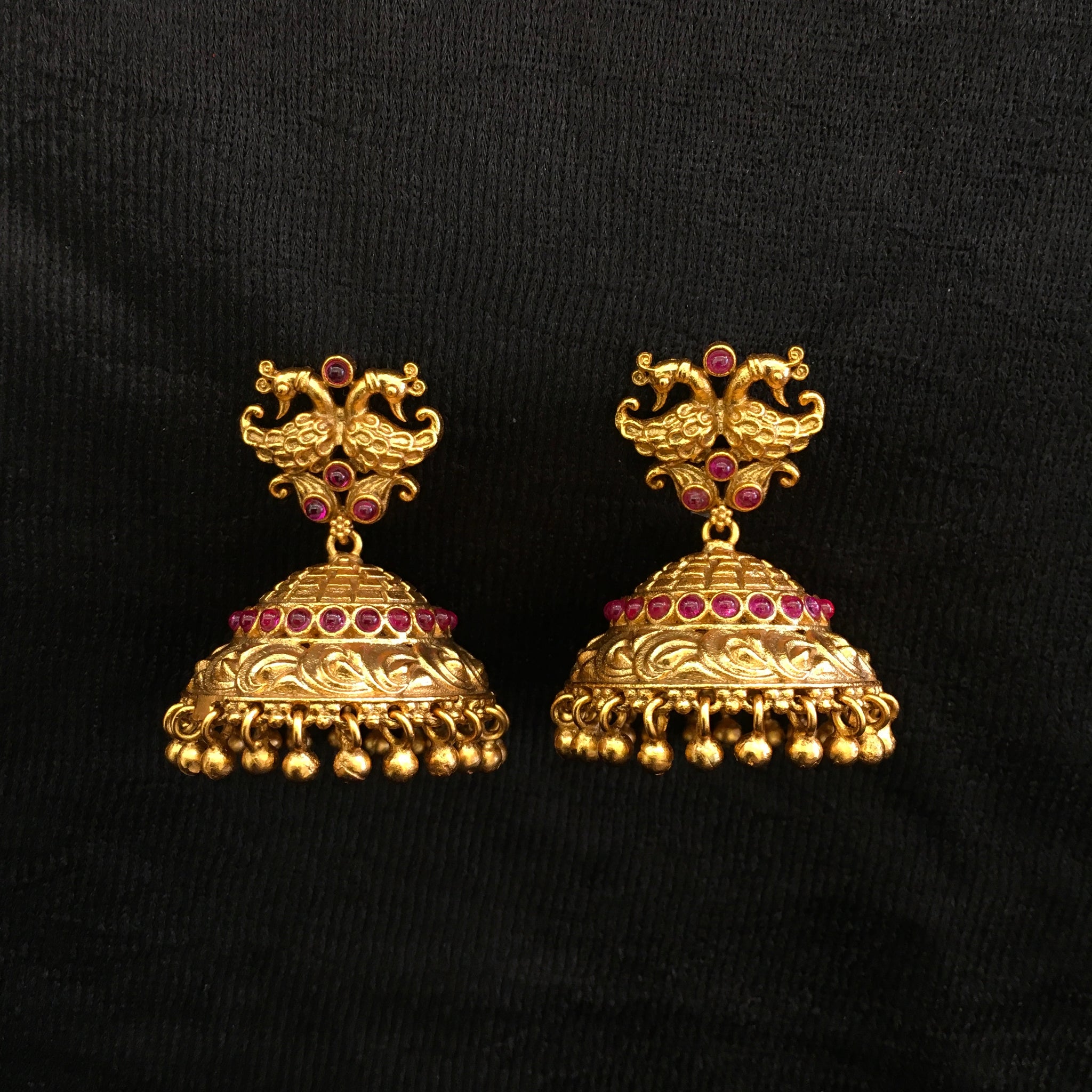 Ruby Gold Look Jhumki with Peacock design 1787-5852 - Dazzles Jewellery