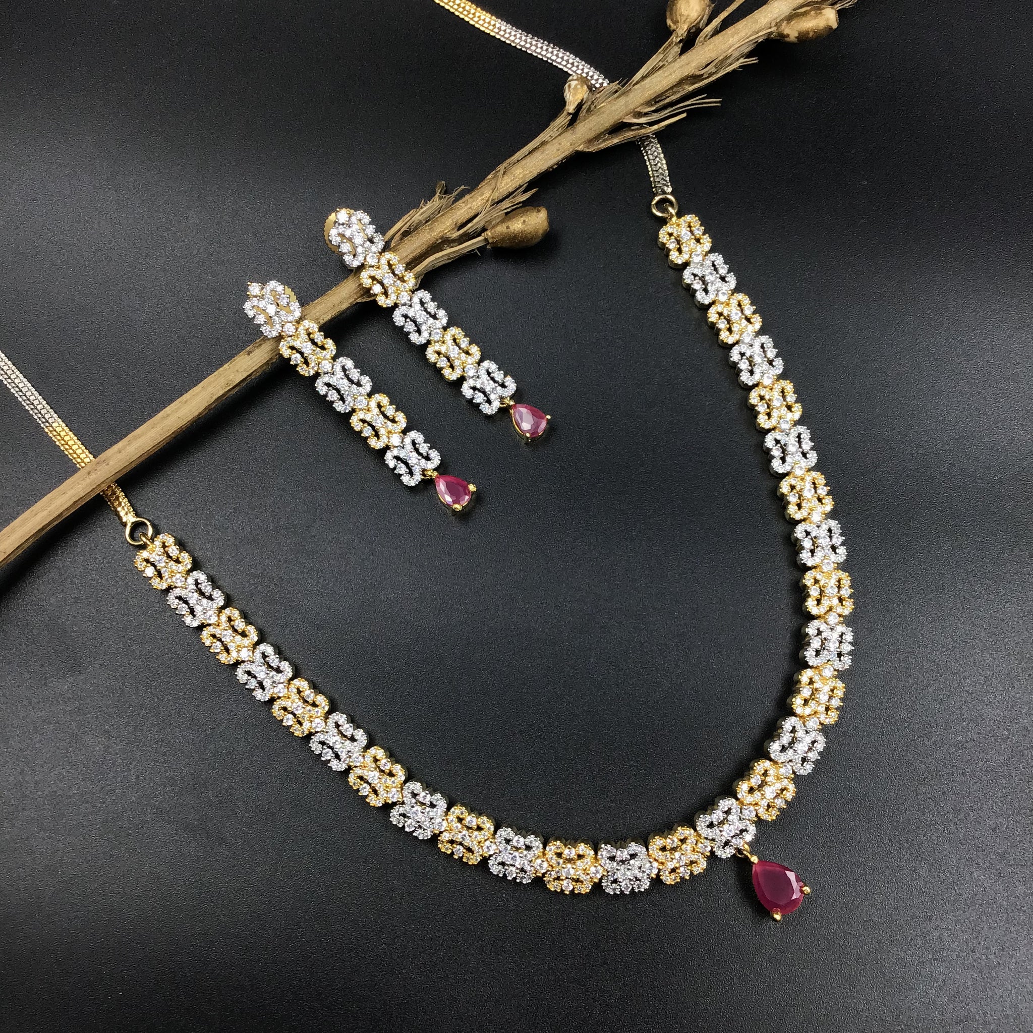 Ruby Zircon/AD Necklace Set 7608-1186 - Dazzles Jewellery