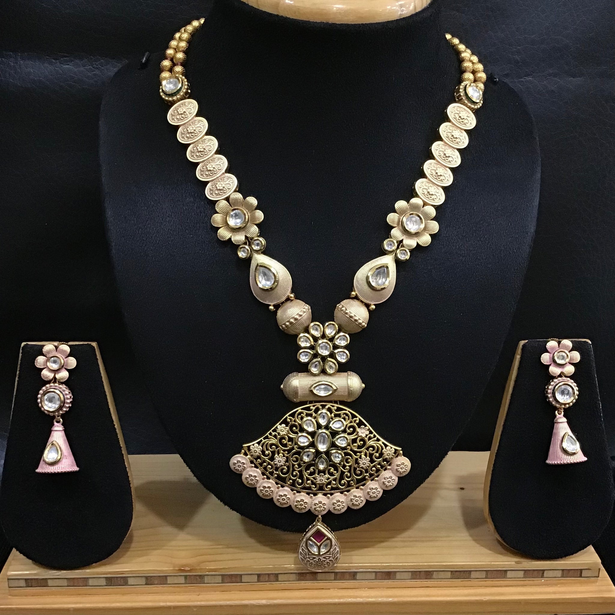 Pink Meenakari Kundan Pendant Set with Chain and earrings - Dazzles Jewellery