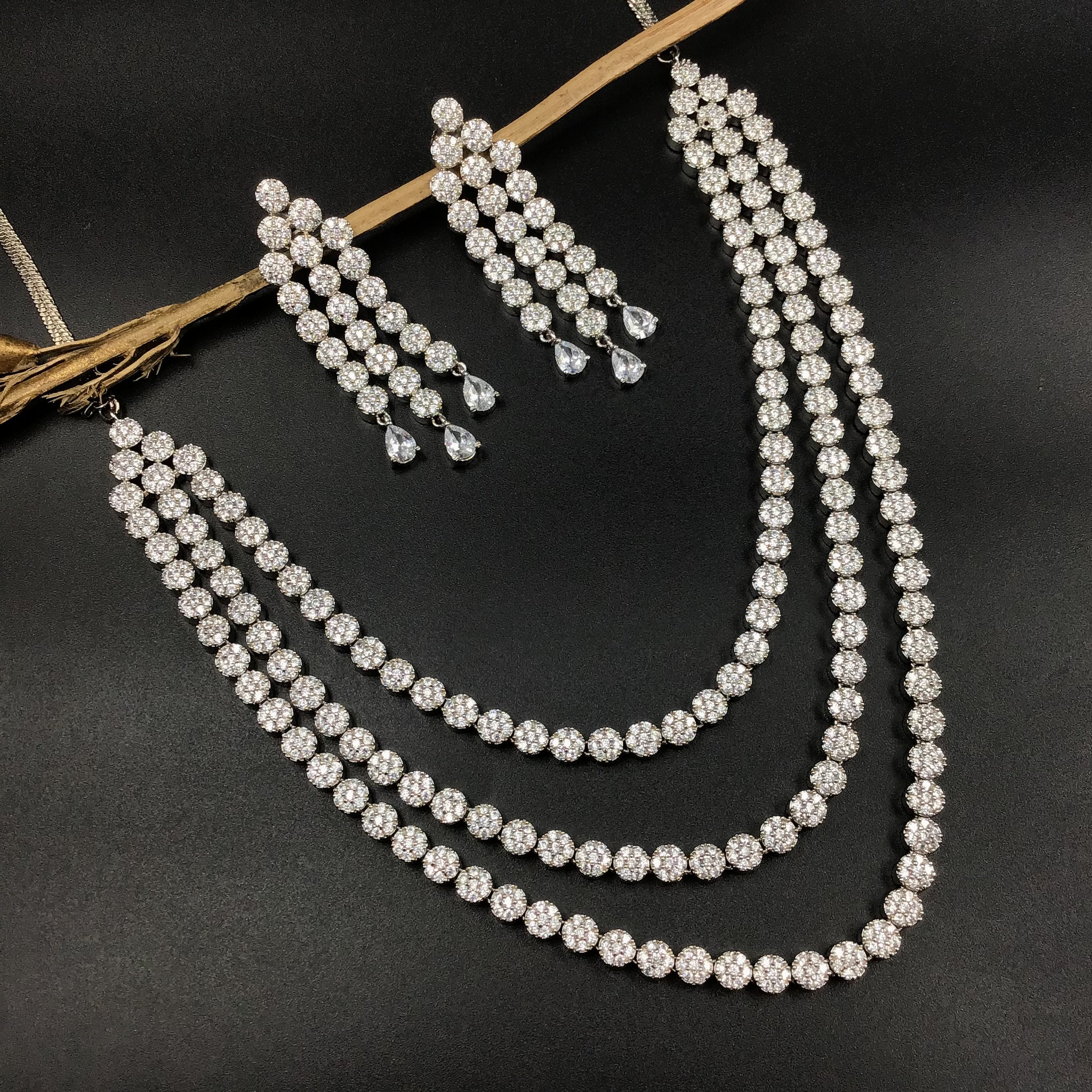Three Line Silver Zircon/AD Necklace Set 7609-1189 - Dazzles Jewellery