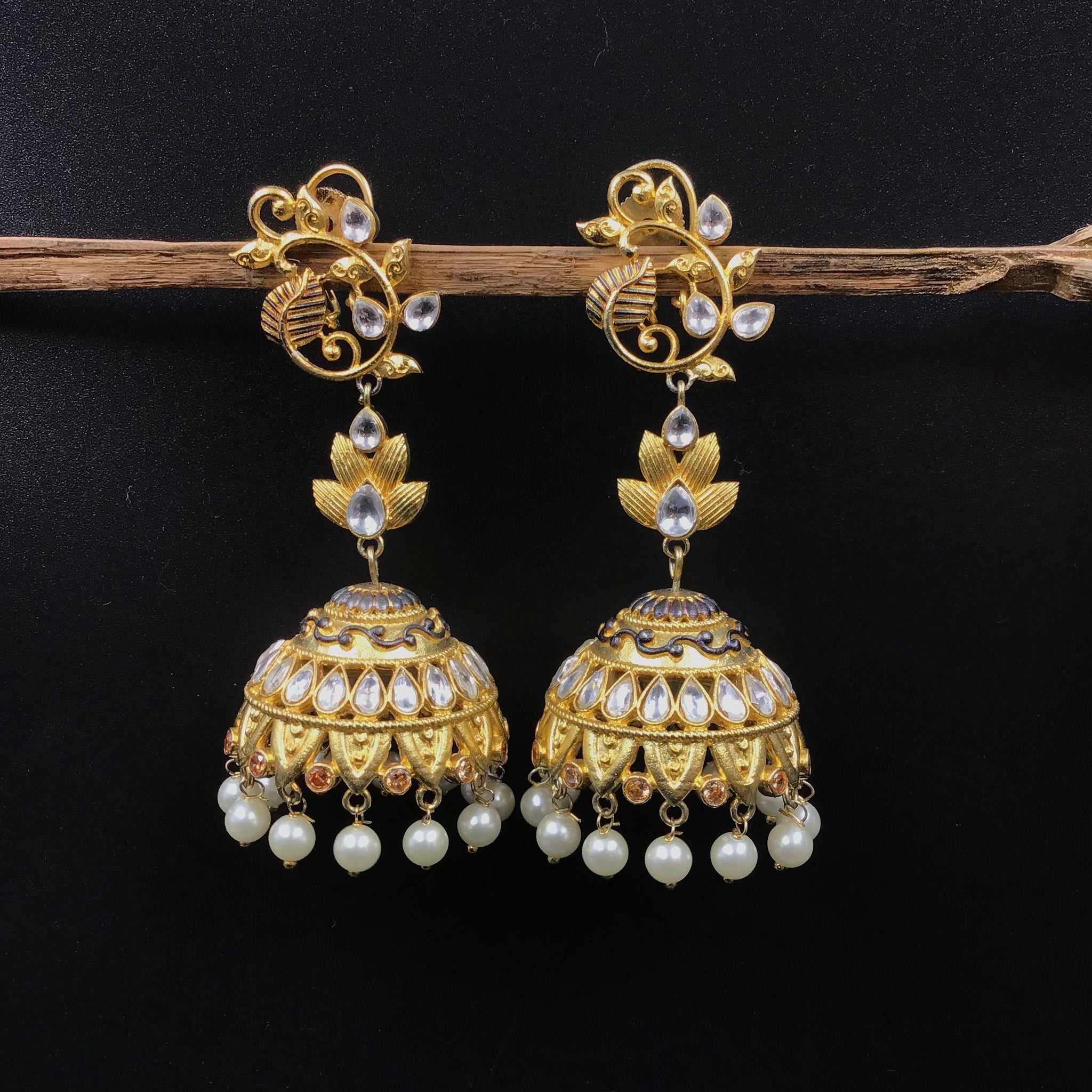 White Antique Kundan Jhumki 5653-9718 - Dazzles Jewellery