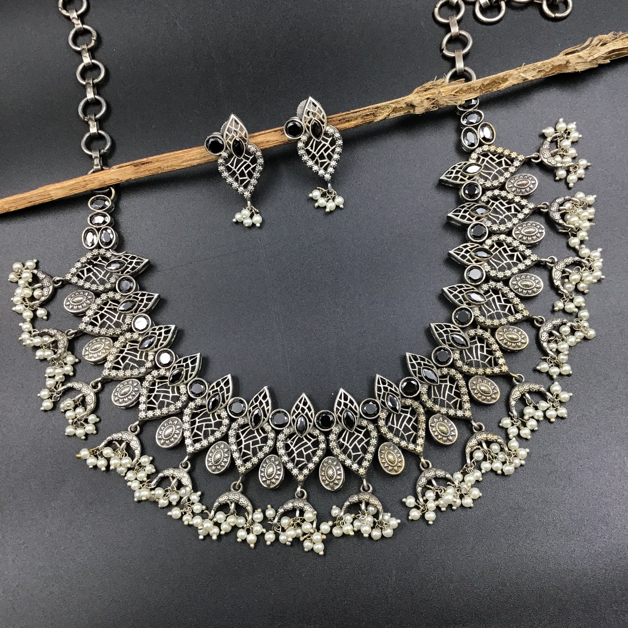 Black Oxidized Necklace Set with Matching Earrings - Dazzles Jewellery