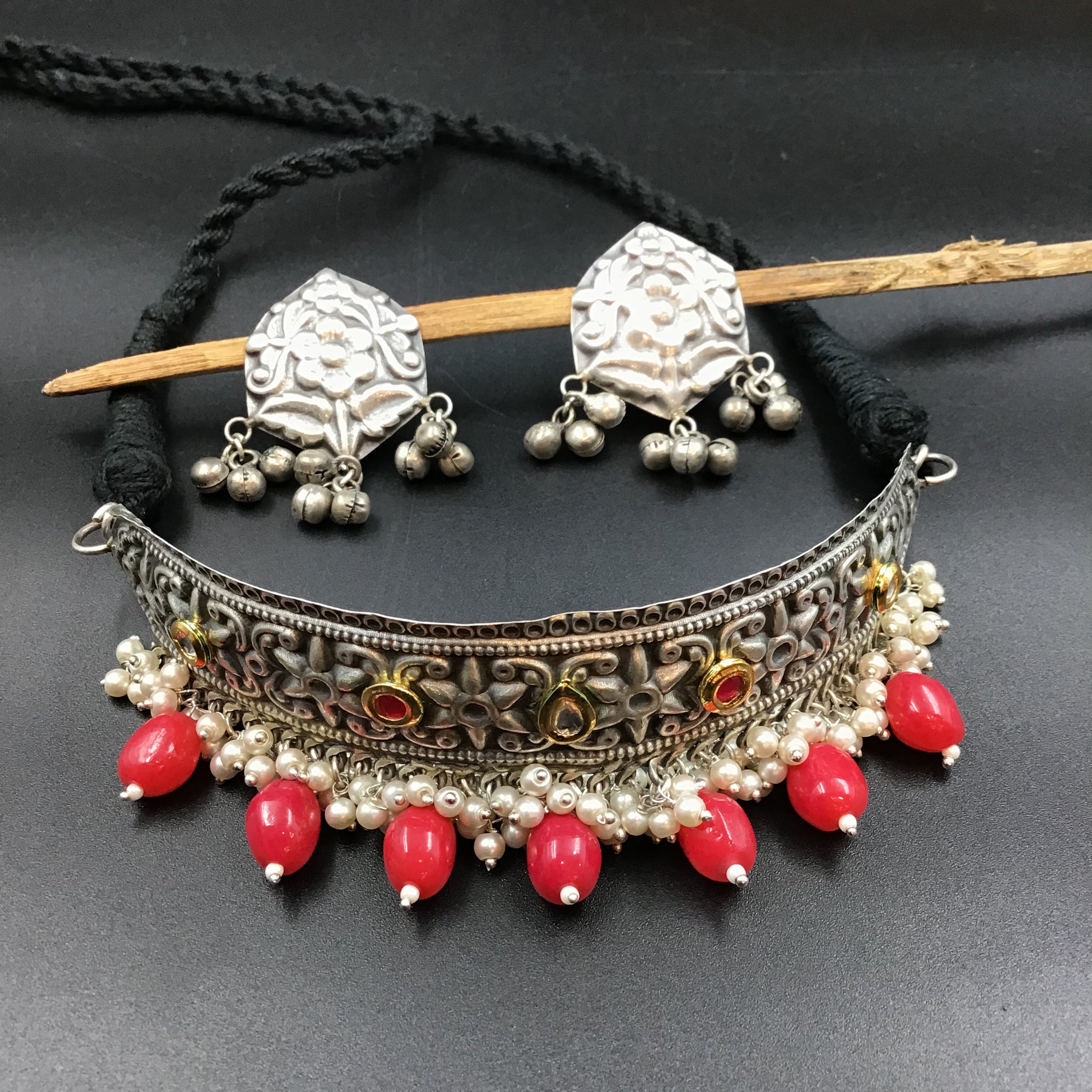 Choker Oxidized Necklace Set 4361-R - Dazzles Jewellery