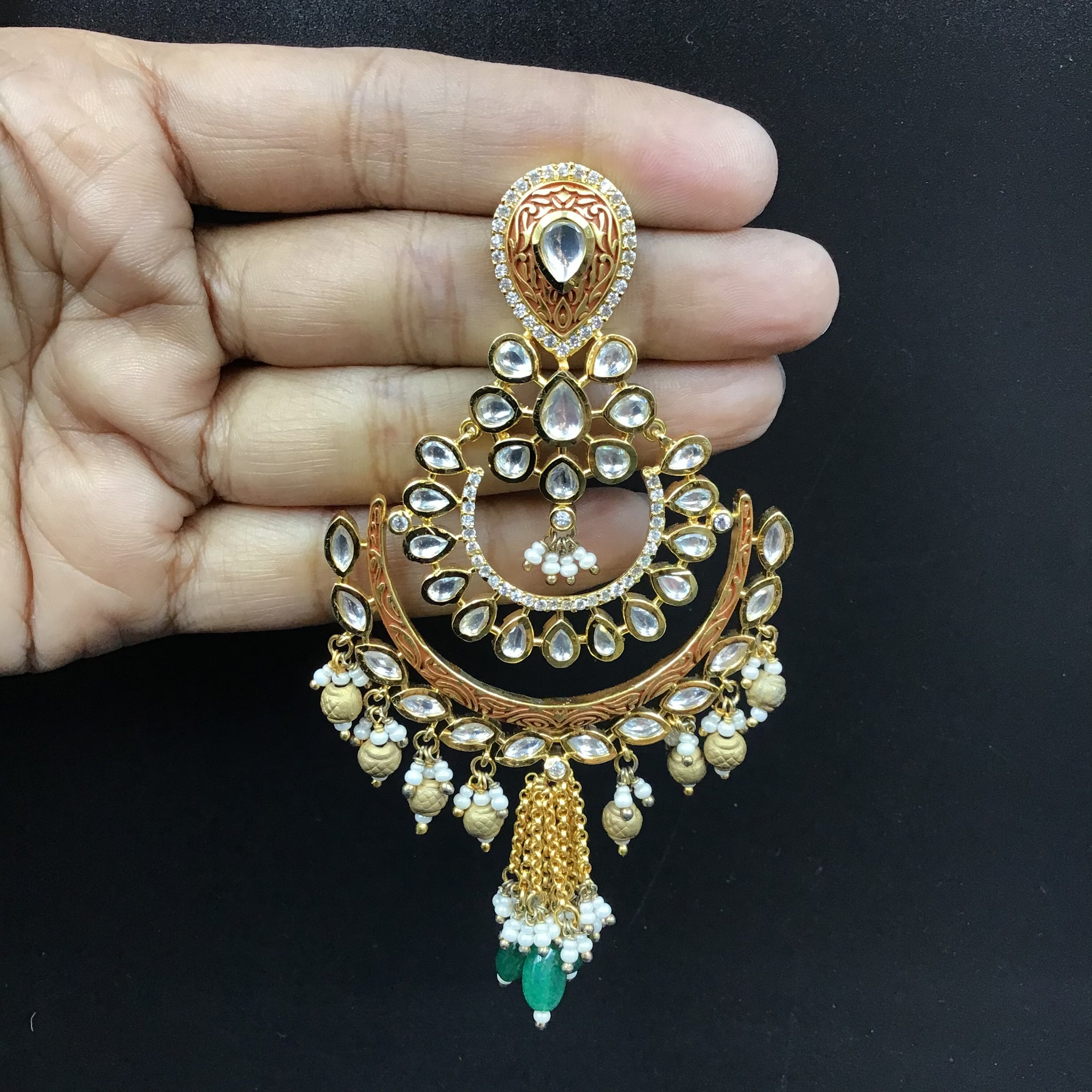 Green Kundan Meenakari Chandbali 10117-5565 - Dazzles Jewellery