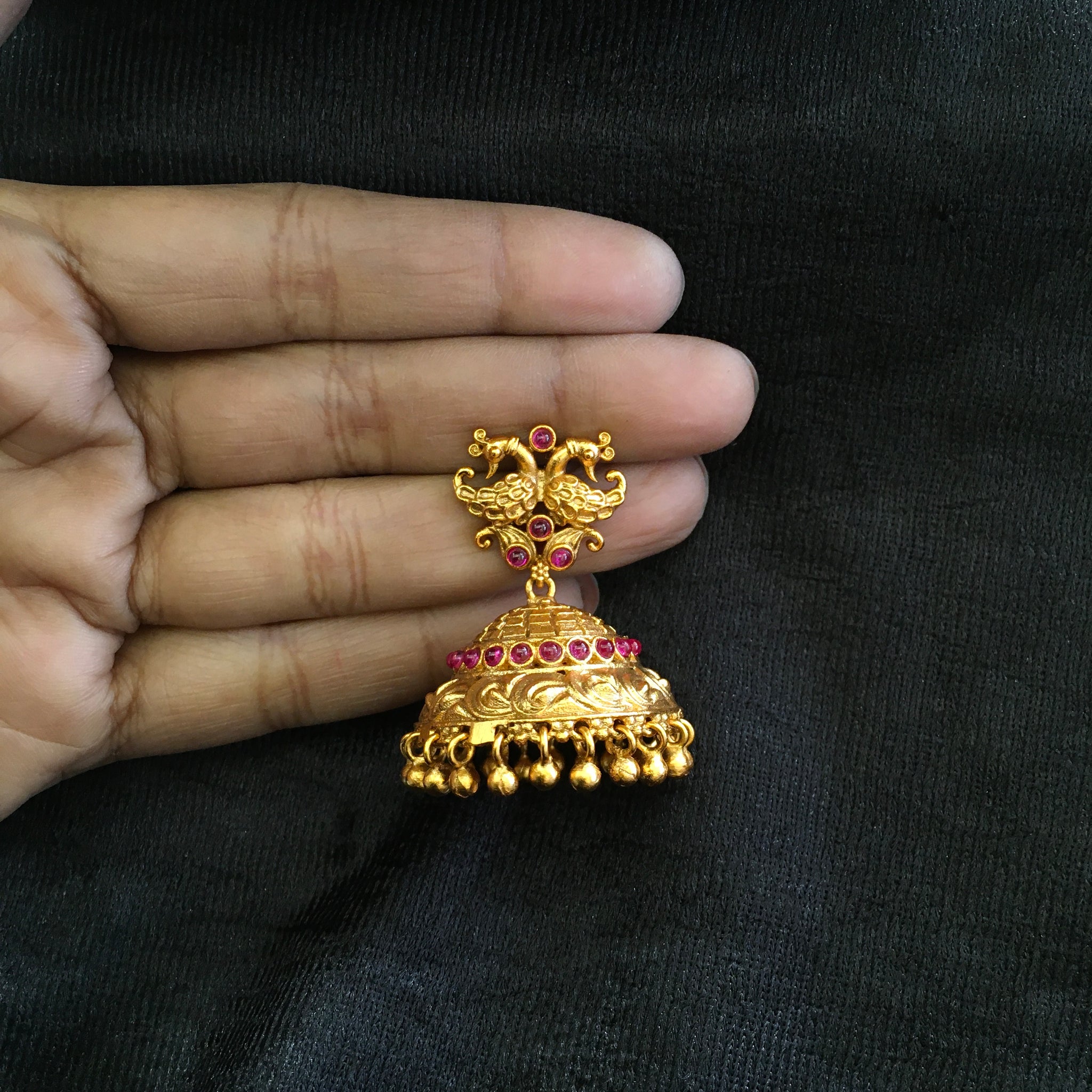 Ruby Gold Look Jhumki with Peacock design 1787-5852 - Dazzles Jewellery