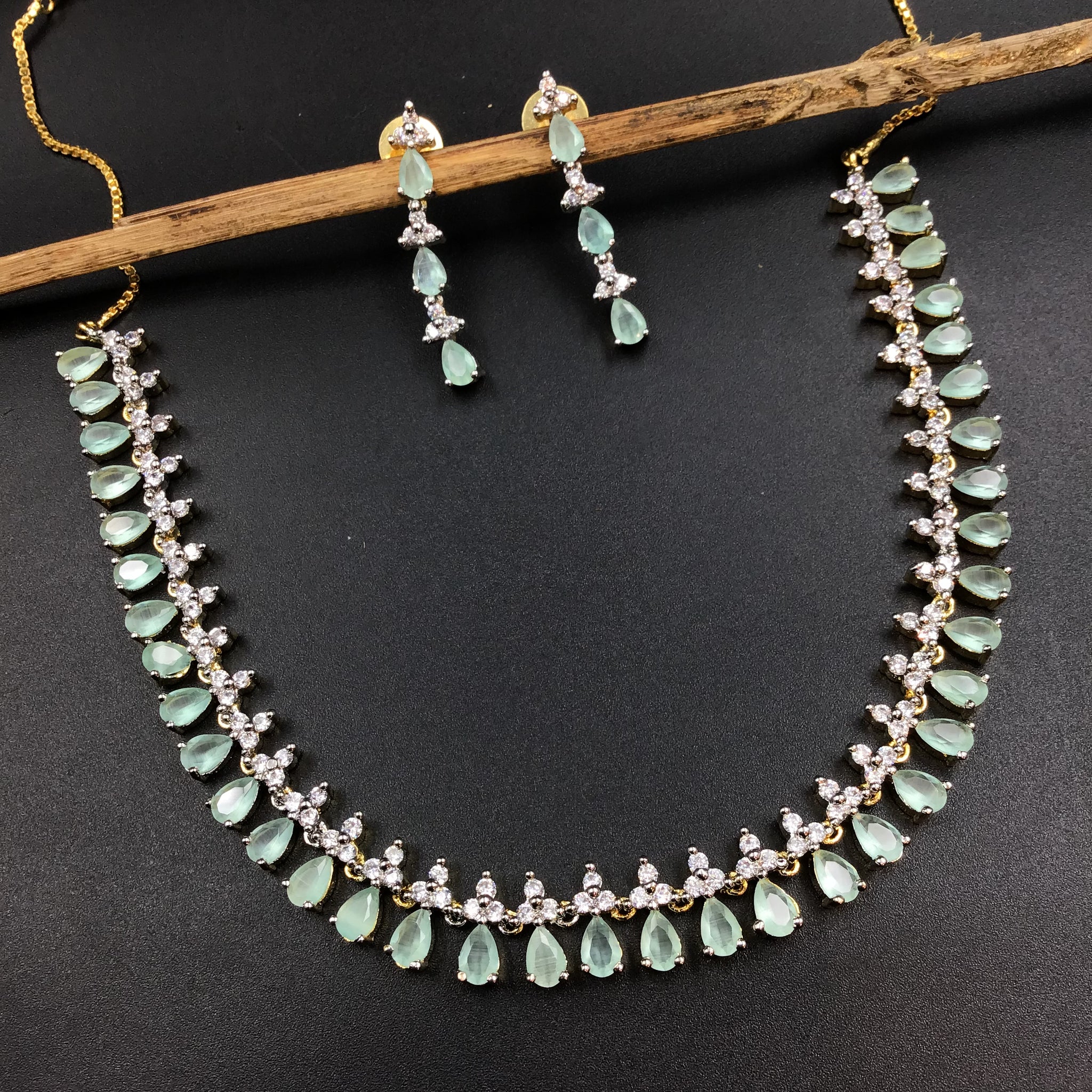 Mint Green Zircon/AD Necklace Set - Dazzles Jewellery