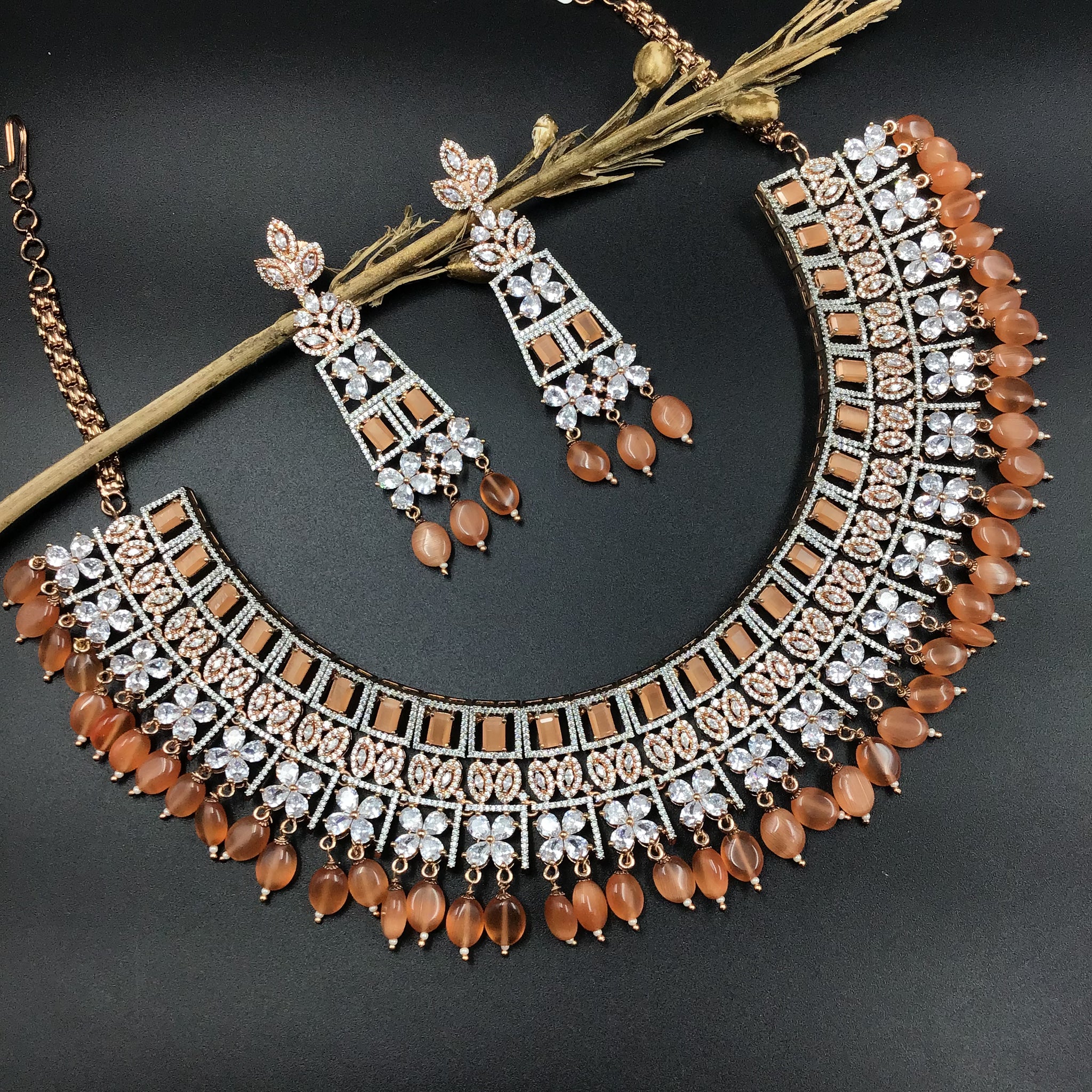 Orange Zircon/AD Necklace Set 11563-7675 - Dazzles Jewellery