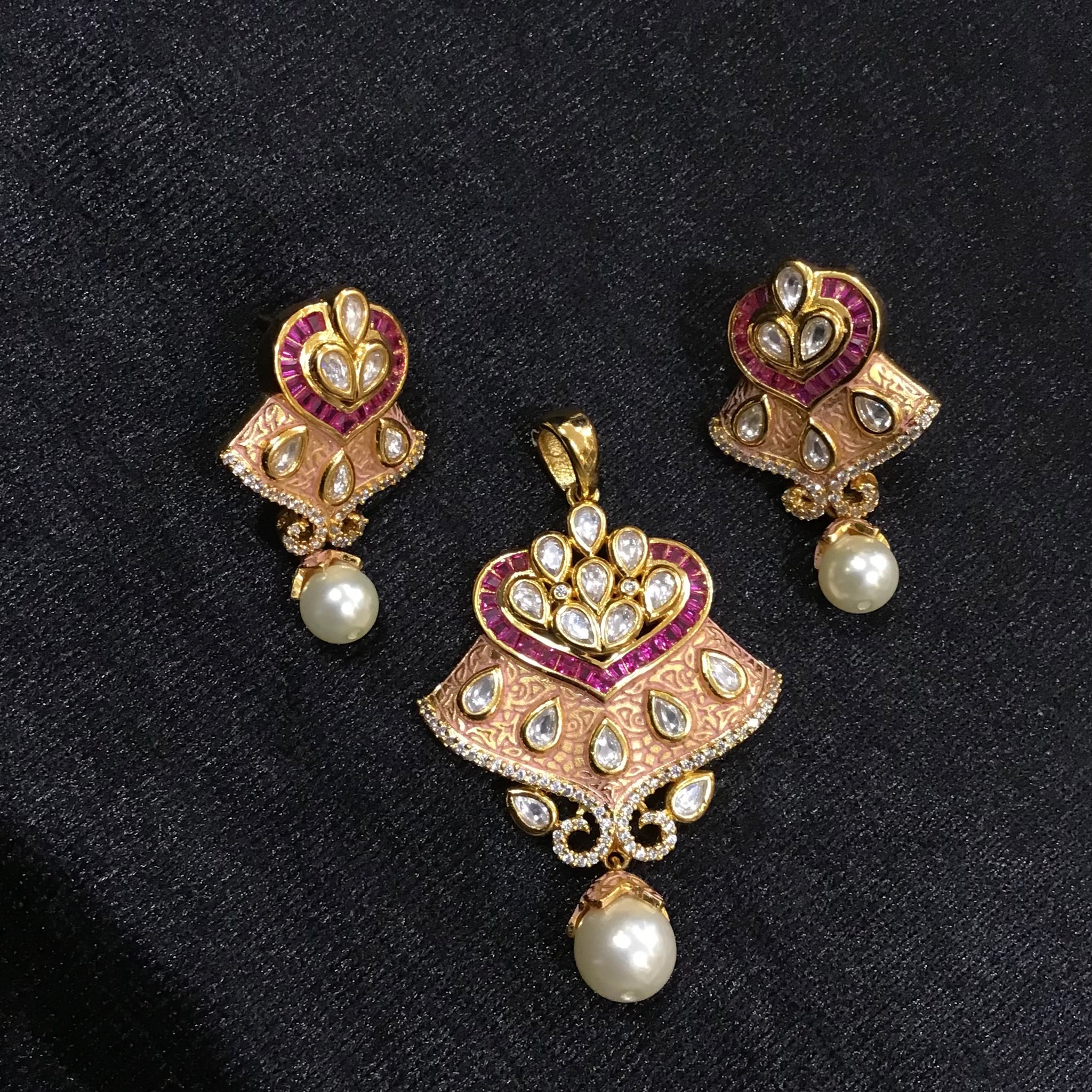 Pink Meenakari Kundan Pendant Set - Dazzles Jewellery
