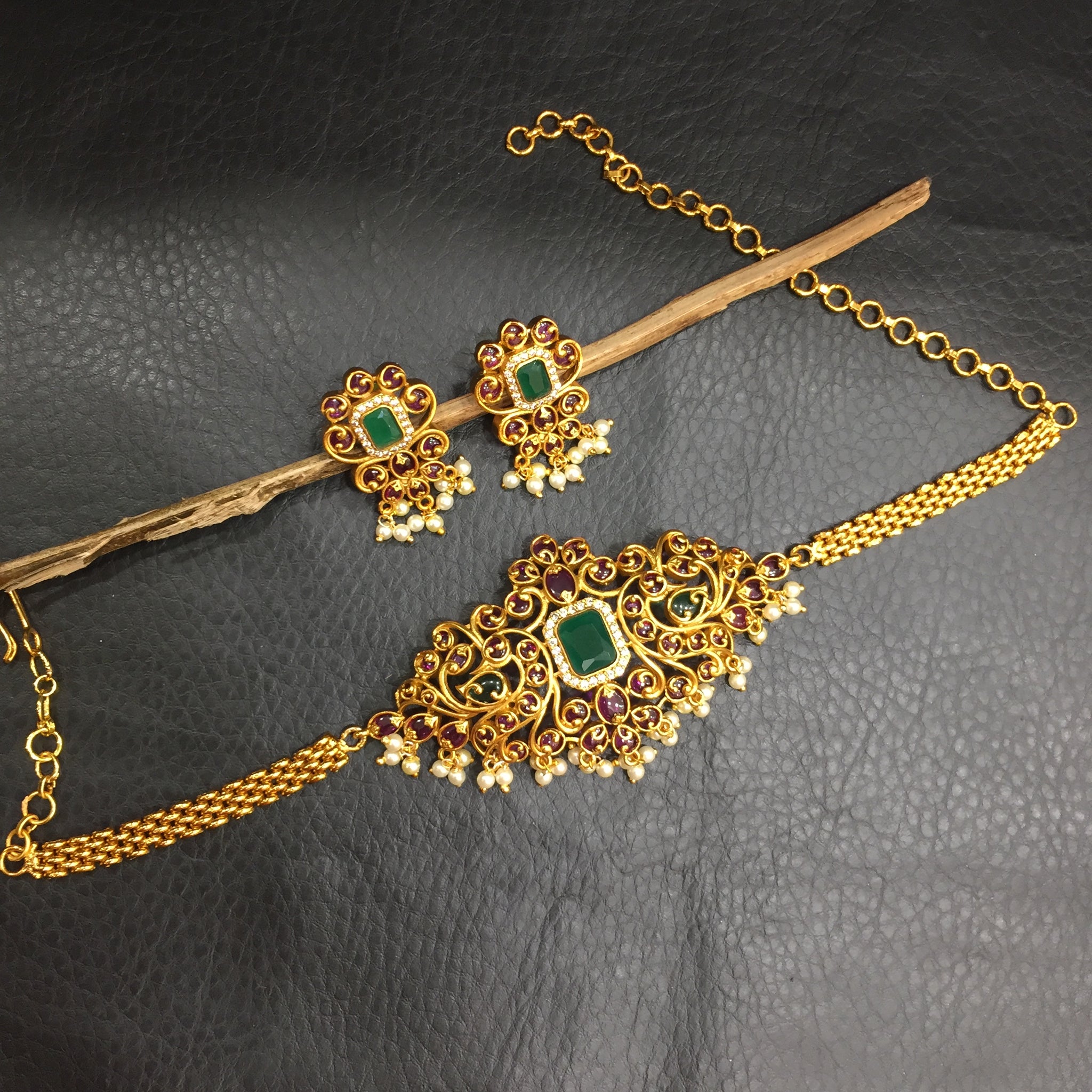 Ruby Green Gold Look Necklace Set - Dazzles Jewellery