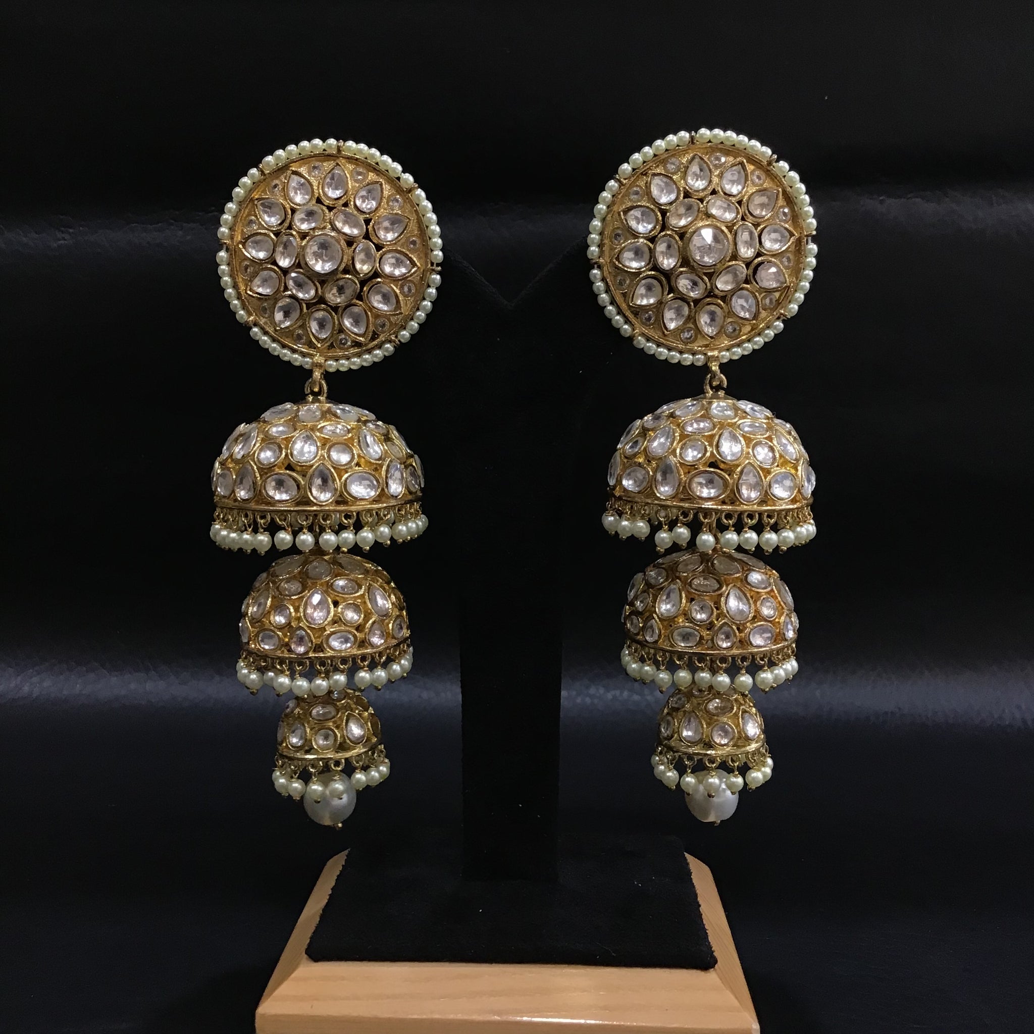 Three Layer White Kundan Long Jhumki with Round Tops 9344-4126 - Dazzles Jewellery