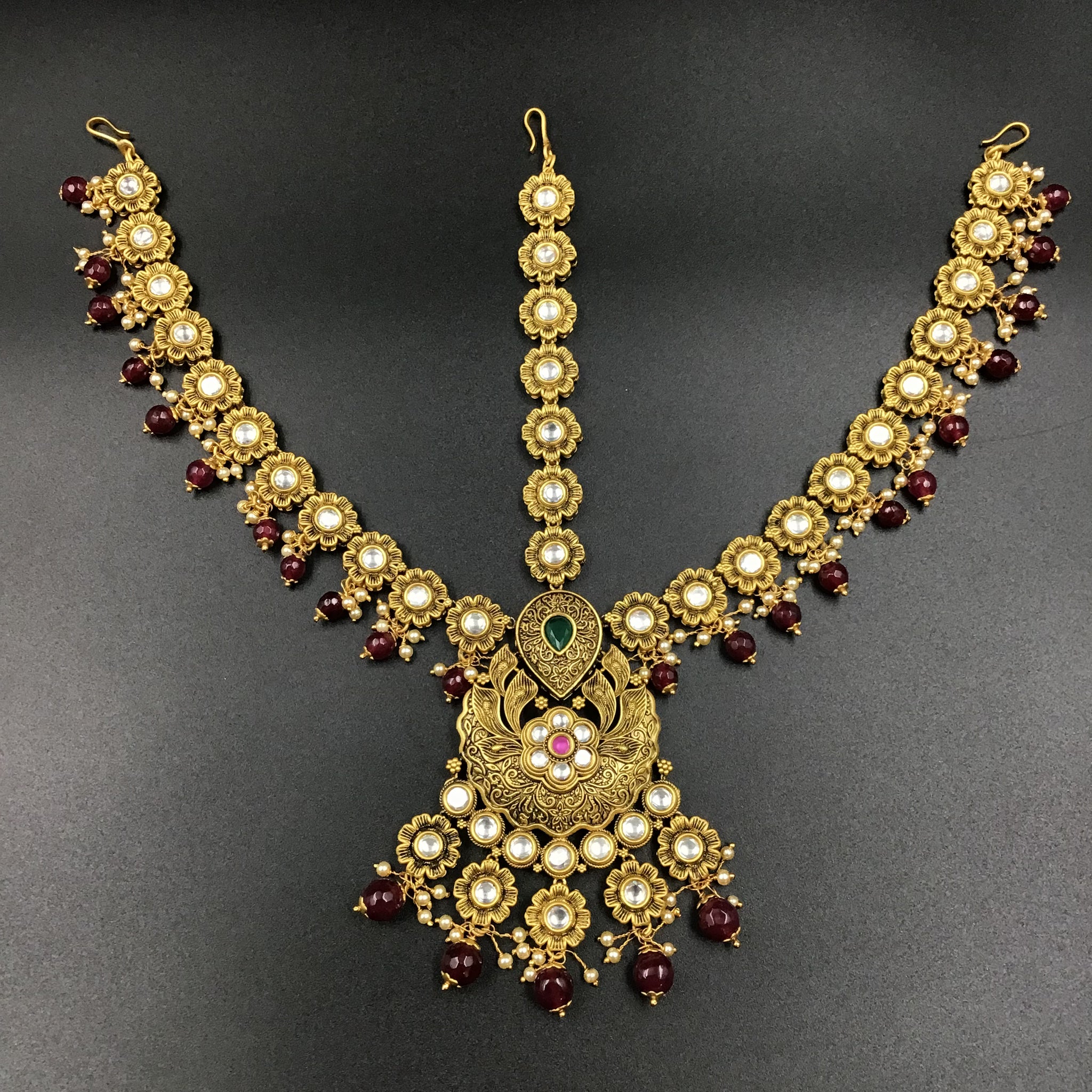 Ruby Green Color Antique Gold Finish Mathapatti 12820 - Dazzles Jewellery