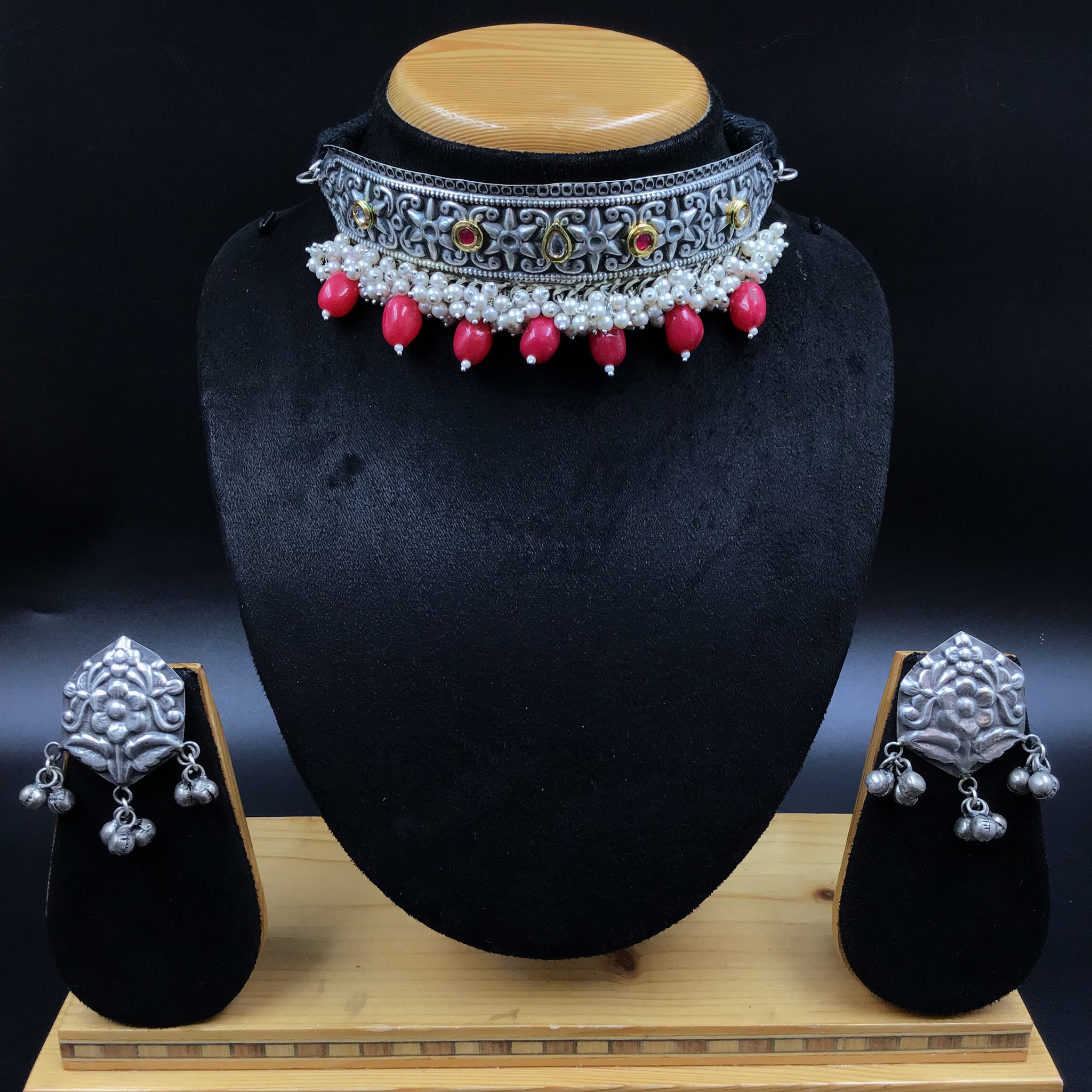 Choker Oxidized Necklace Set 4361-R - Dazzles Jewellery