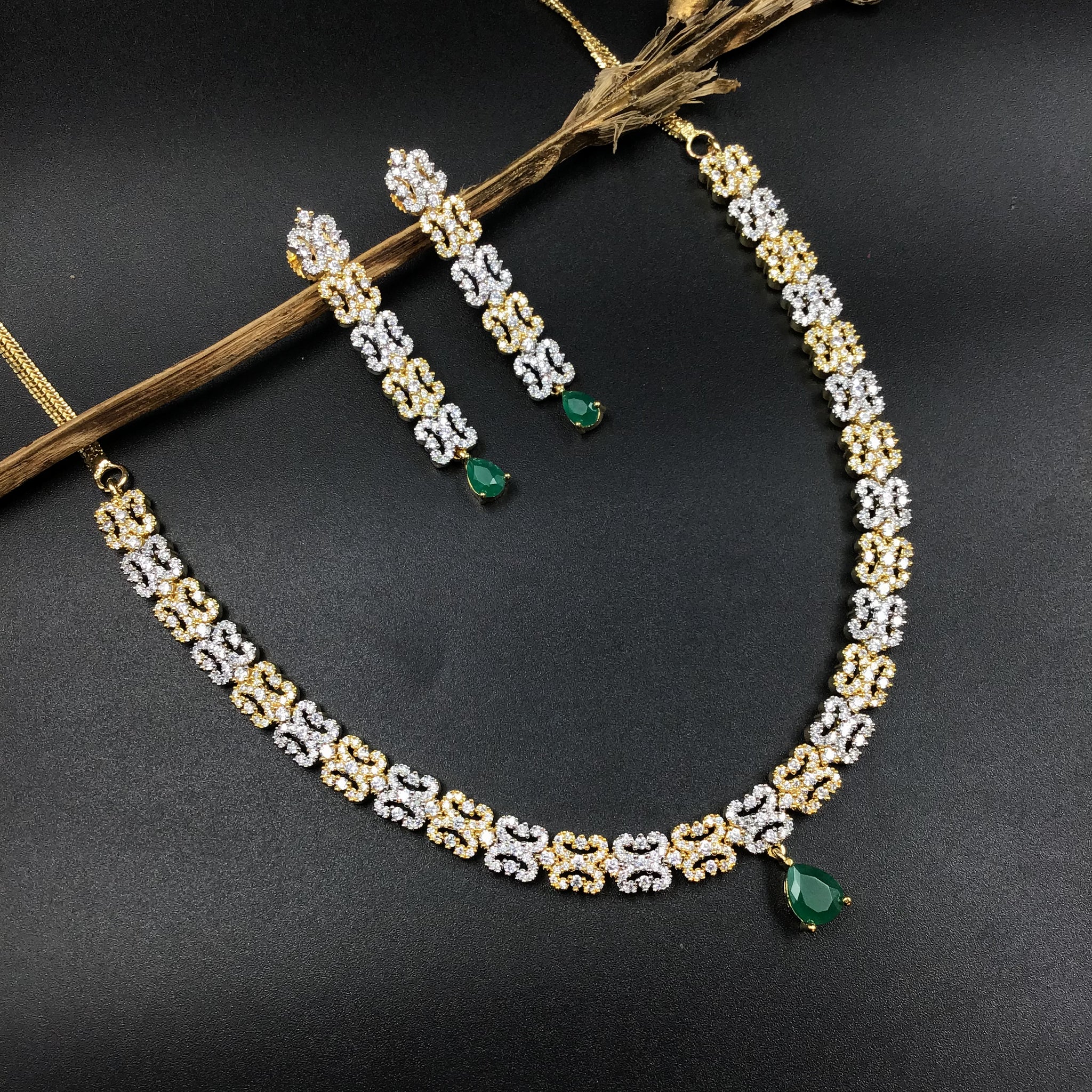 Green Zircon/AD Necklace Set 7608-1187 - Dazzles Jewellery