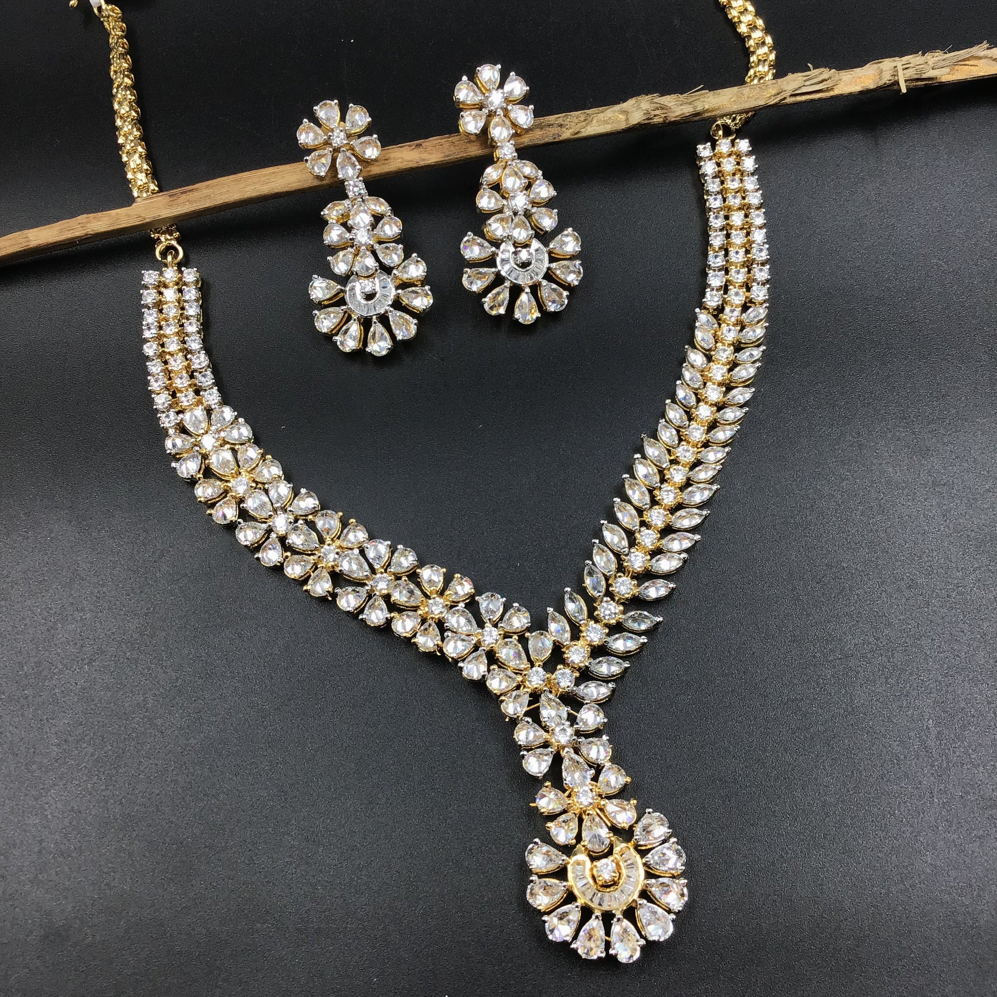 Round Neck Gold Polish Zircon/AD Necklace Set 6254-100 - Dazzles Jewellery