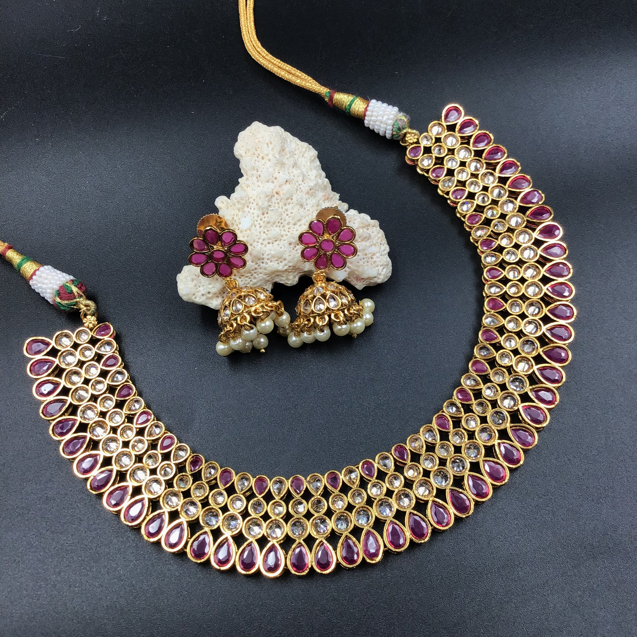 Gold Plated Round Necklace Set 1596-01 - Dazzles Jewellery